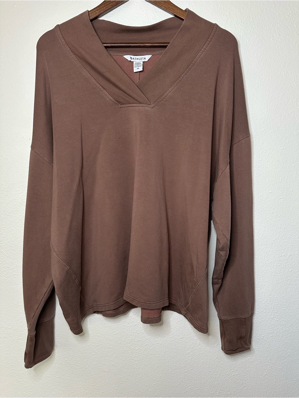 Athleta Clarity V-Neck Sweatshirt in the Color Driftwood
